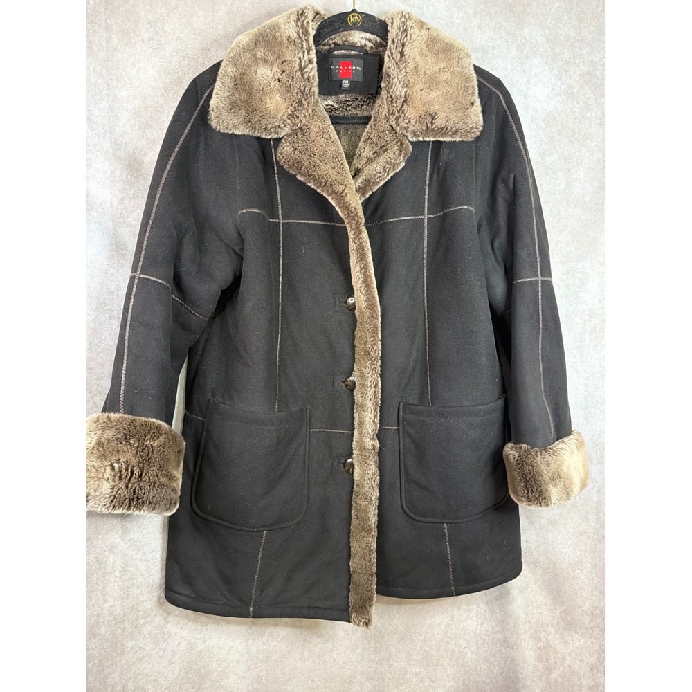 Gallery Petite Coat Women PM Black Faux Suede Shearling Fur Trim Button Front